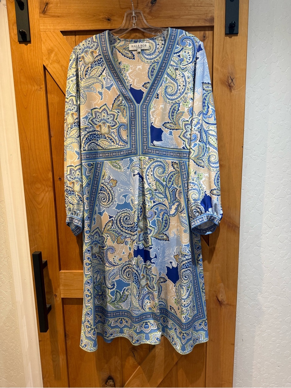 Hale Bob Blue and Cream Paisley V-Neck Long Sleeve Dress NWOT